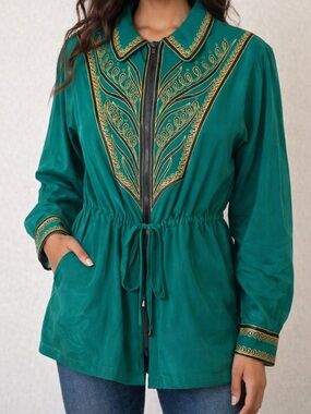 Bob Mackie Emerald Green 100% silk Zip-Front Embroidered Tunic